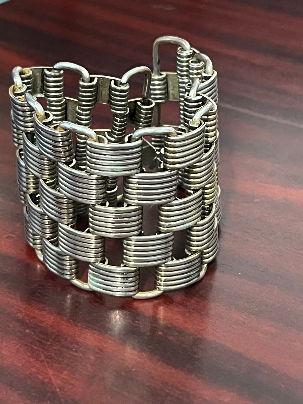 VTG Brutalist Industrial Wide Weave Cuff Bracelet Silver Tone Flaw Festival Rave